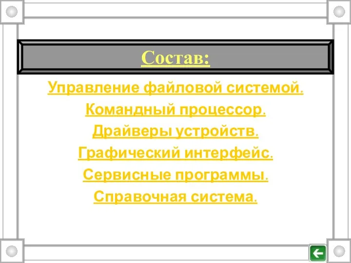 Управление файловой системой. Командный процессор. Драйверы устройств. Графический интерфейс. Сервисные программы. Справочная система. Состав: