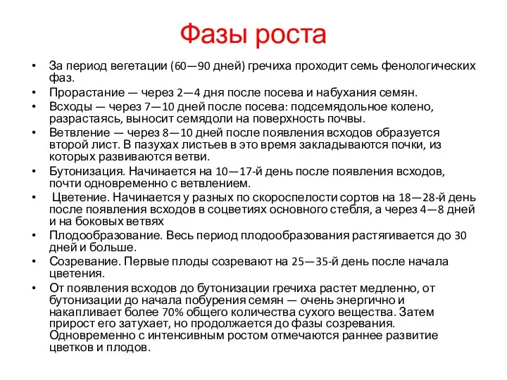 Фазы роста За период вегетации (60—90 дней) гречиха проходит семь