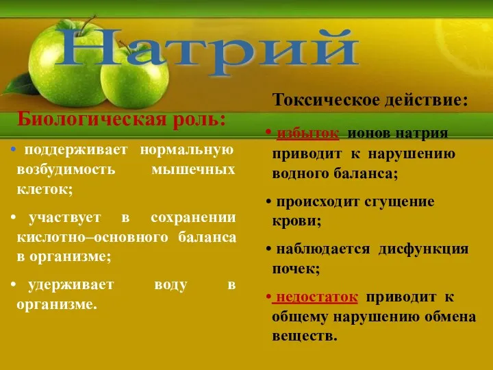 Натрий Биологическая роль: поддерживает нормальную возбудимость мышечных клеток; участвует в