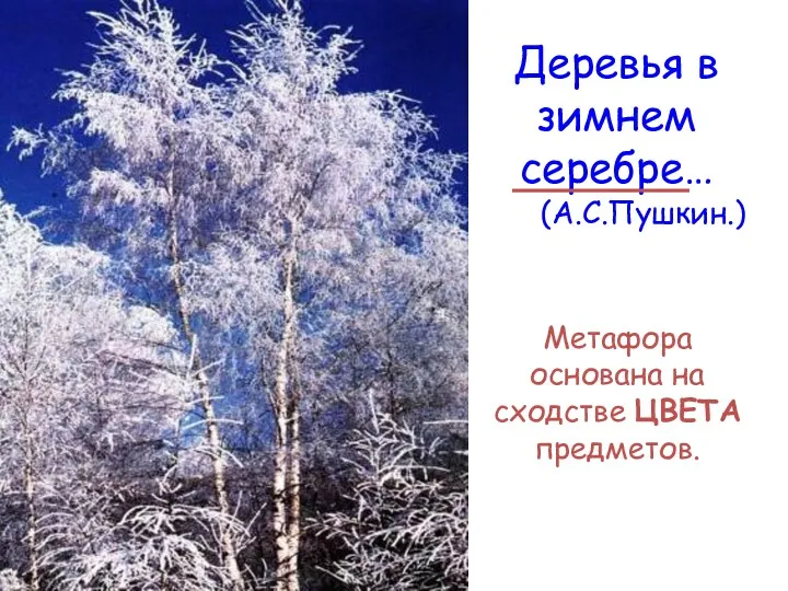 Деревья в зимнем серебре… (А.С.Пушкин.) Метафора основана на сходстве ЦВЕТА предметов.