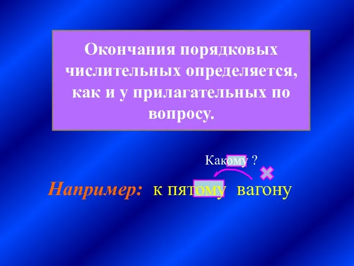 Окончания порядковых числительных определяется, как и у прилагательных по вопросу. Например: к пятому вагону Какому ?