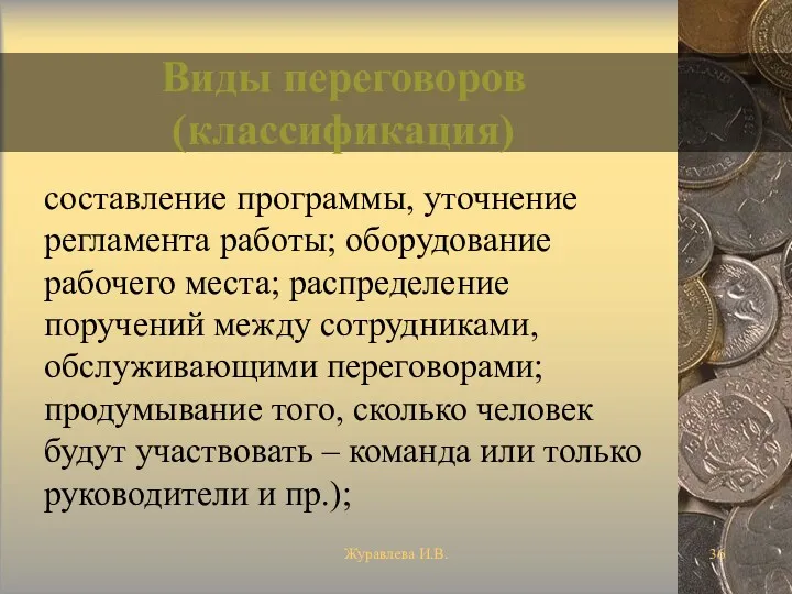 Журавлева И.В. Виды переговоров (классификация) составление программы, уточнение регламента работы;