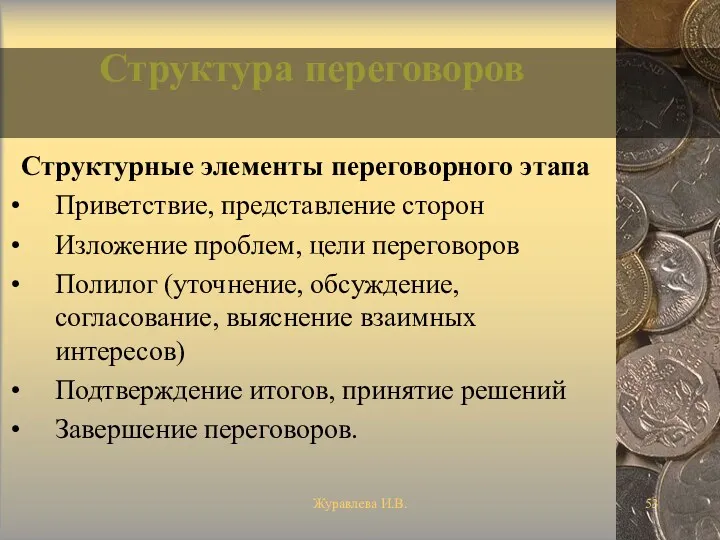 Журавлева И.В. Структура переговоров Структурные элементы переговорного этапа Приветствие, представление