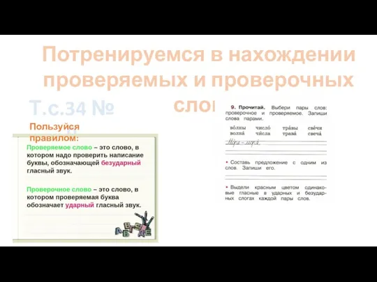 Потренируемся в нахождении проверяемых и проверочных слов Т.с.34 № 9 Пользуйся правилом: