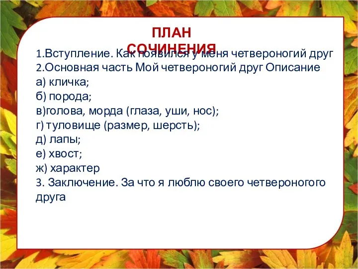 ПЛАН СОЧИНЕНИЯ 1.Вступление. Как появился у меня четвероногий друг 2.Основная