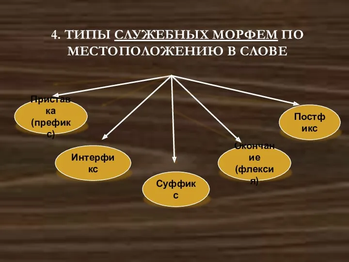 4. ТИПЫ СЛУЖЕБНЫХ МОРФЕМ ПО МЕСТОПОЛОЖЕНИЮ В СЛОВЕ Приставка (префикс) Интерфикс Суффикс Постфикс Окончание (флексия)