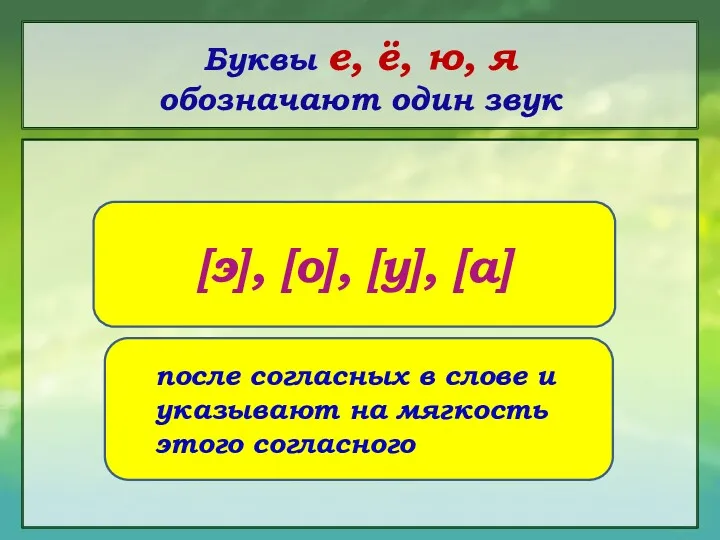 Буквы е, ё, ю, я обозначают один звук [э], [о],