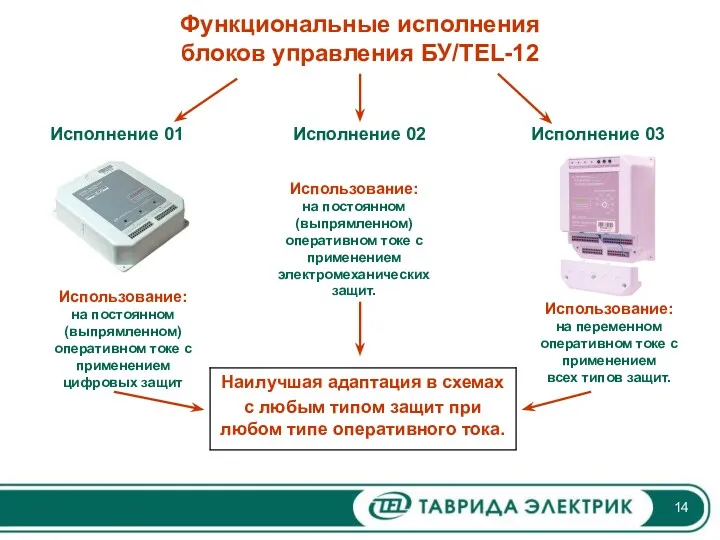 Функциональные исполнения блоков управления БУ/TEL-12 Исполнение 01 Исполнение 02 Исполнение