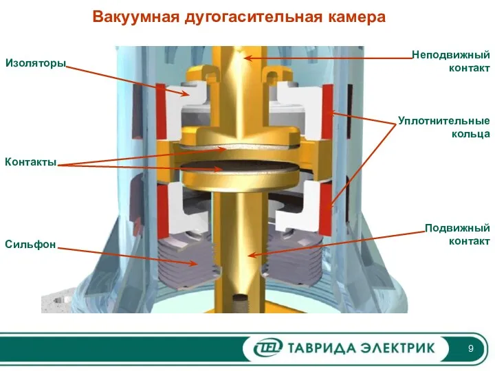 Вакуумная дугогасительная камера Неподвижный контакт Подвижный контакт Сильфон Контакты Изоляторы Уплотнительные кольца