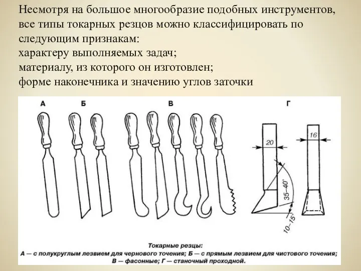 Несмотря на большое многообразие подобных инструментов, все типы токарных резцов можно классифицировать по