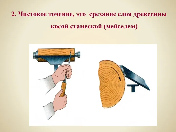 2. Чистовое точение, это срезание слоя древесины косой стамеской (мейселем)