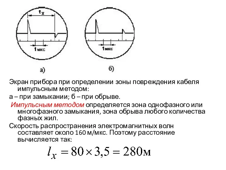 Экран прибора при определении зоны повреждения кабеля импульсным методом: а