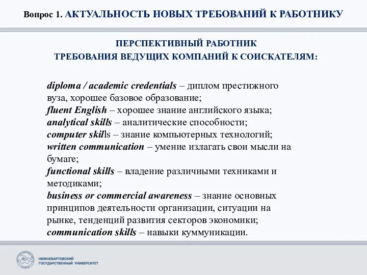 Вопрос 1. АКТУАЛЬНОСТЬ НОВЫХ ТРЕБОВАНИЙ К РАБОТНИКУ ПЕРСПЕКТИВНЫЙ РАБОТНИК ТРЕБОВАНИЯ