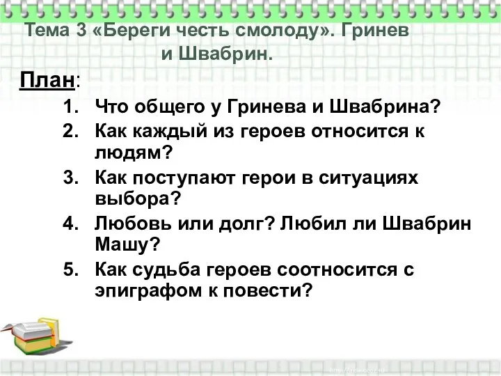 Тема 3 «Береги честь смолоду». Гринев и Швабрин. План: Что