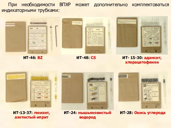 ИТ- 15-30: адамсит, хлорацетофенон ИТ-13-37: люизит, азотистый иприт ИТ-48: CS