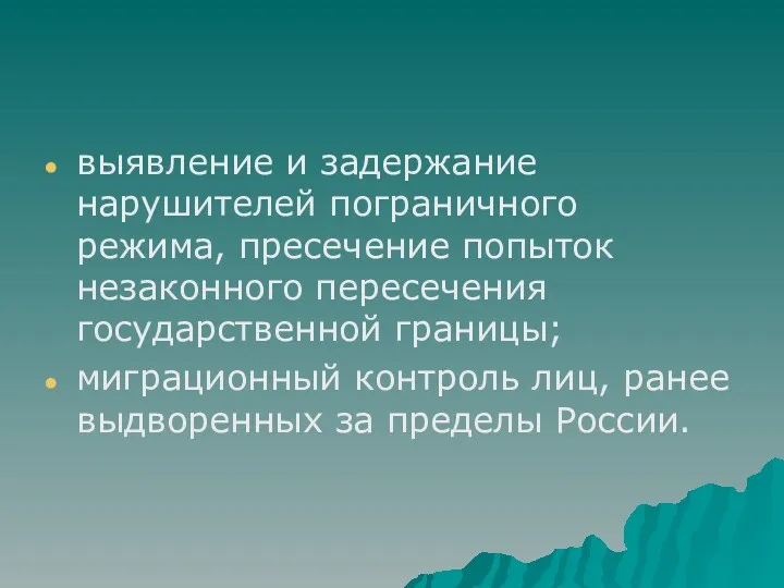 выявление и задержание нарушителей пограничного режима, пресечение попыток незаконного пересечения