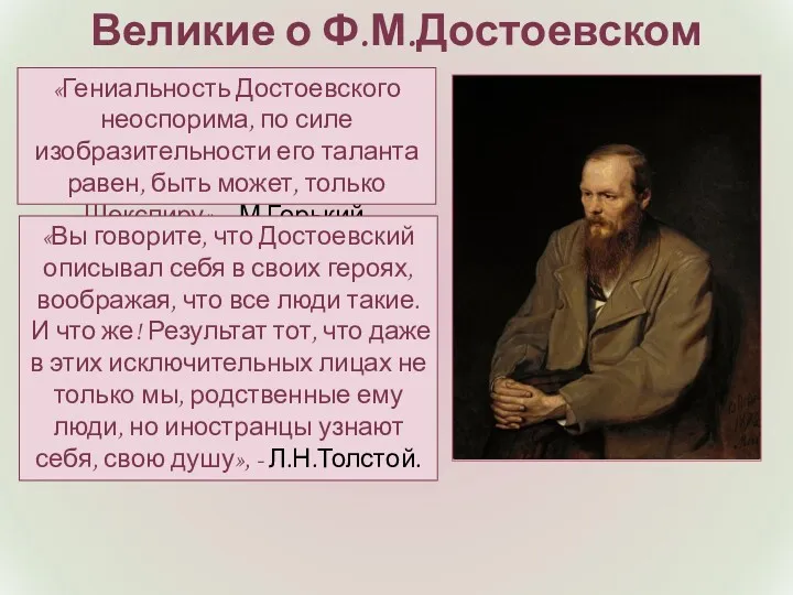«Гениальность Достоевского неоспорима, по силе изобразительности его таланта равен, быть