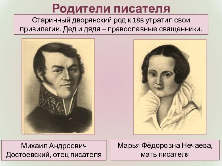 Родители писателя Марья Фёдоровна Нечаева, мать писателя Михаил Андреевич Достоевский,