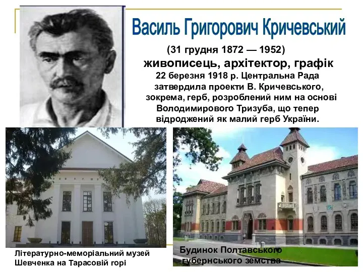 (31 грудня 1872 — 1952) живописець, архітектор, графік 22 березня 1918 р. Центральна