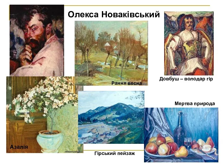 Олекса Новаківський Азалія Рання весна Довбуш – володар гір Гірський пейзаж Мертва природа