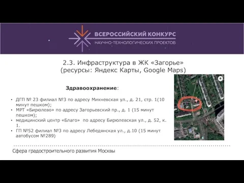 2.3. Инфраструктура в ЖК «Загорье» (ресурсы: Яндекс Карты, Google Maps)