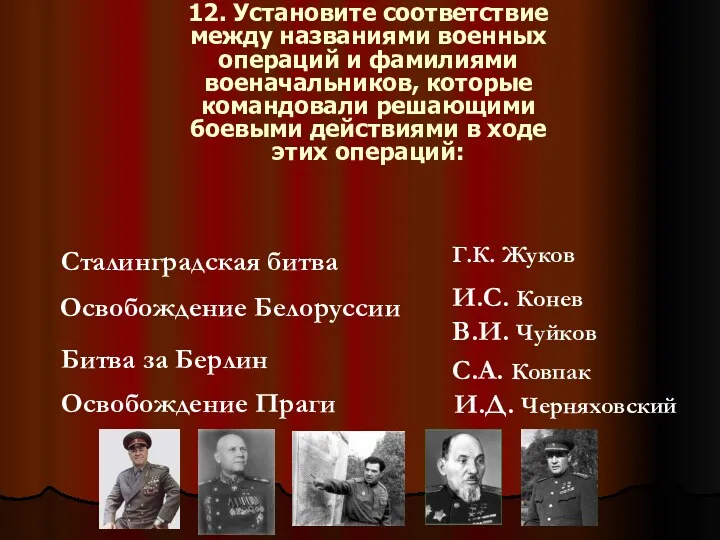 12. Установите соответствие между названиями военных операций и фамилиями военачальников, которые командовали решающими