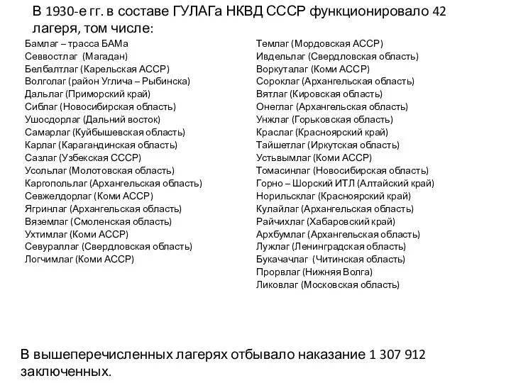 Бамлаг – трасса БАМа Севвостлаг (Магадан) Белбалтлаг (Карельская АССР) Волголаг