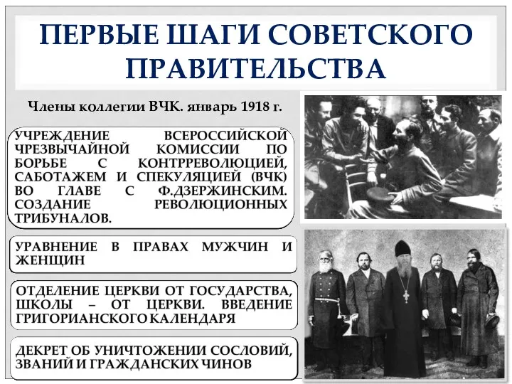 ПЕРВЫЕ ШАГИ СОВЕТСКОГО ПРАВИТЕЛЬСТВА Члены коллегии ВЧК. январь 1918 г.