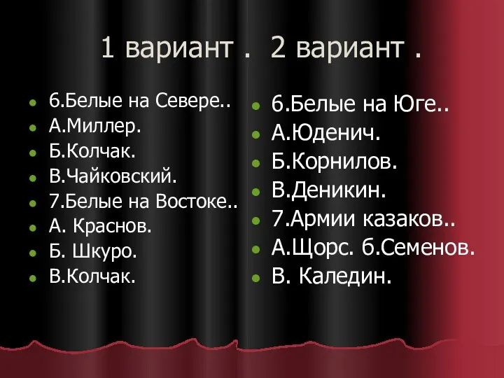 1 вариант . 2 вариант . 6.Белые на Севере.. А.Миллер.