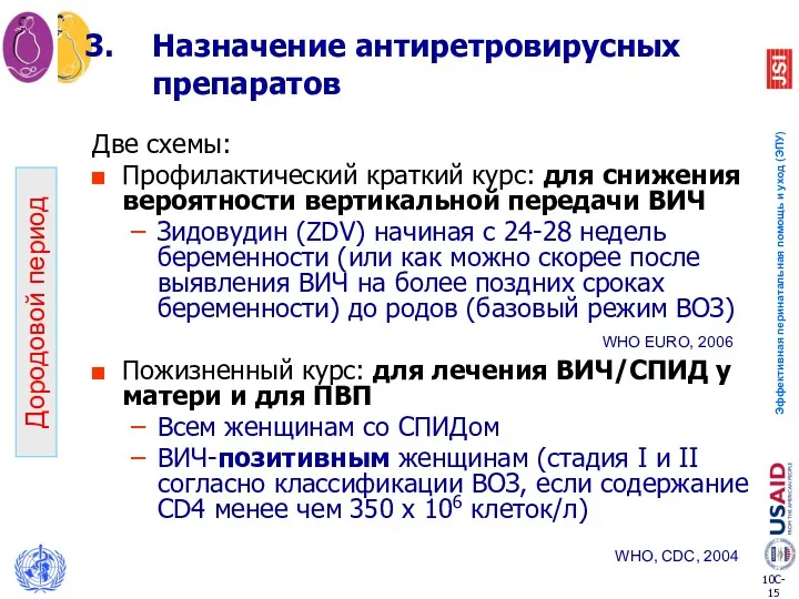 Дородовой период Назначение антиретровирусных препаратов Две схемы: Профилактический краткий курс: