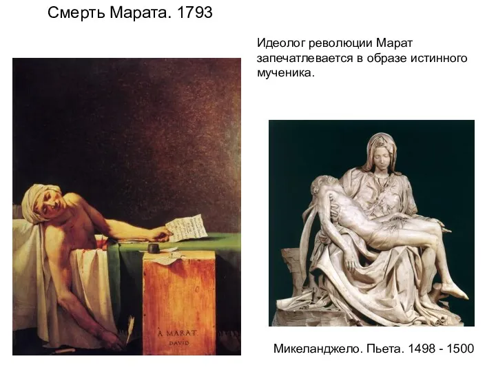 Смерть Марата. 1793 Идеолог революции Марат запечатлевается в образе истинного мученика. Микеланджело. Пьета. 1498 - 1500