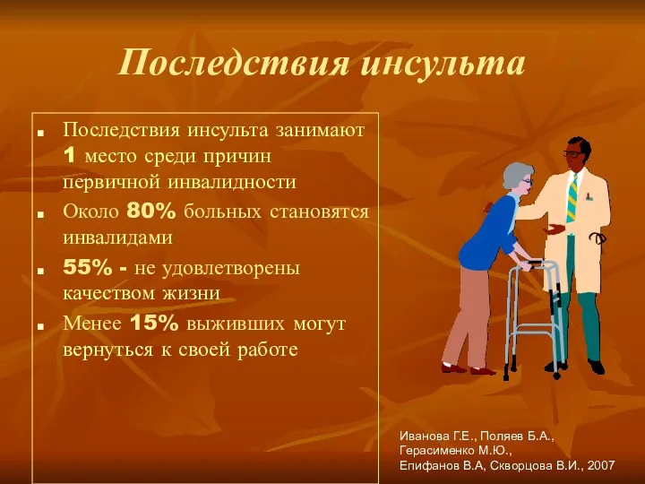 Последствия инсульта Последствия инсульта занимают 1 место среди причин первичной