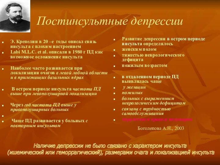 Постинсультные депрессии Э. Крепелин в 20 –е годы описал связь