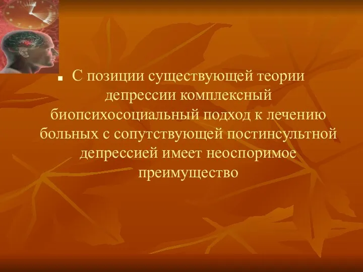 С позиции существующей теории депрессии комплексный биопсихосоциальный подход к лечению