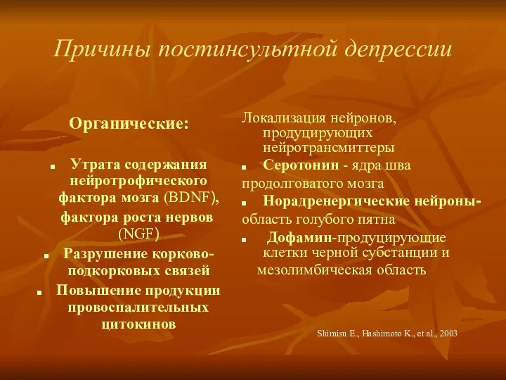 Причины постинсультной депрессии Органические: Утрата содержания нейротрофического фактора мозга (BDNF),