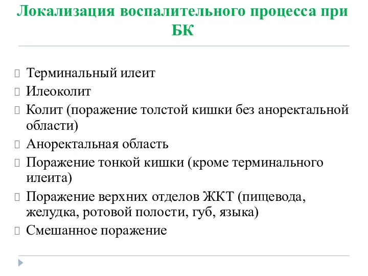 Локализация воспалительного процесса при БК Терминальный илеит Илеоколит Колит (поражение