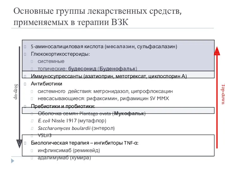 Основные группы лекарственных средств, применяемых в терапии ВЗК 5-аминосалициловая кислота