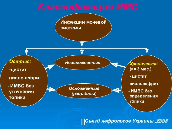 Классификация ИМС Неосложненные Инфекции мочевой системы Острые: -цистит пиелонефрит ИМВС