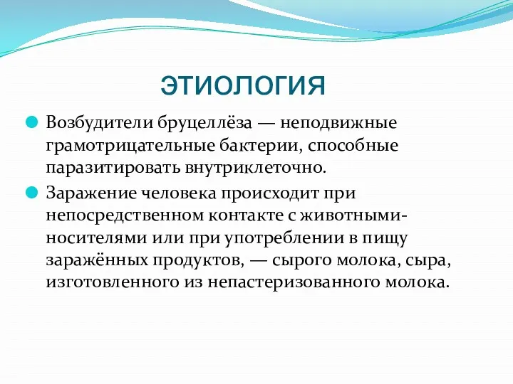 этиология Возбудители бруцеллёза — неподвижные грамотрицательные бактерии, способные паразитировать внутриклеточно.