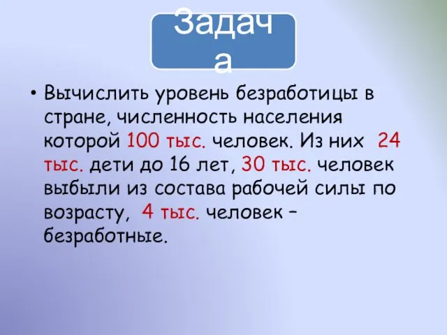 Вычислить уровень безработицы в стране, численность населения которой 100 тыс.