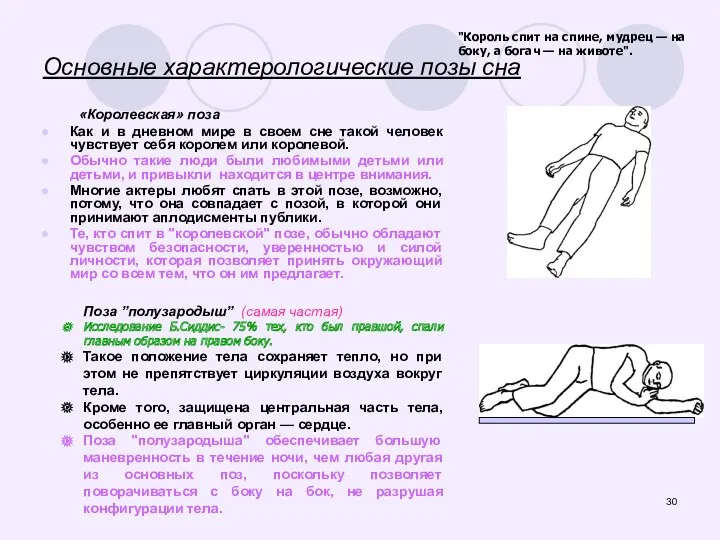 Основные характерологические позы сна «Королевская» поза Как и в дневном