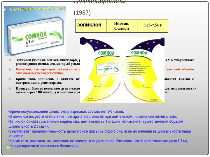 Циклопирролоны. (1987) Зопиклон (имован, сомнол, пиклодорм, релаксон) является небензодиазепиновым лигандом