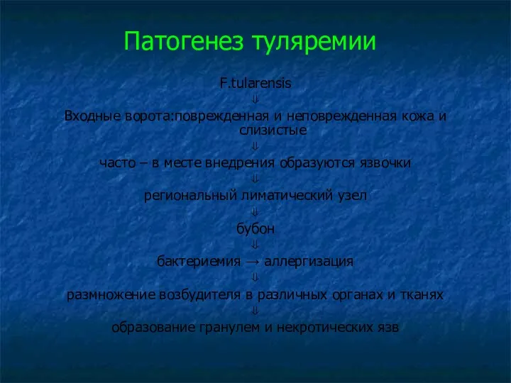 Патогенез туляремии F.tularensis ⇓ Входные ворота:поврежденная и неповрежденная кожа и