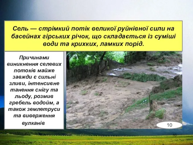 Сель — стрімкий потік великої руйнівної сили на басей­нах гірських