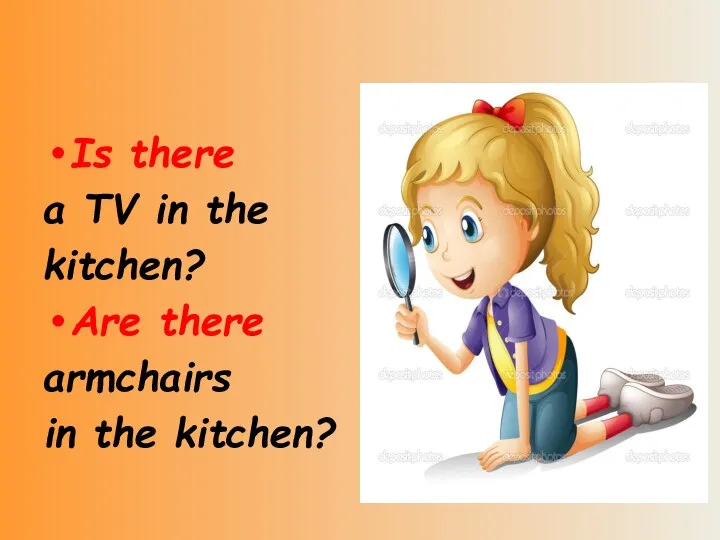 Is there a TV in the kitchen? Are there armchairs in the kitchen?