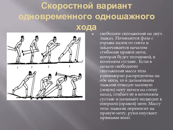 Скоростной вариант одновременного одношажного хода свободное скольжения на двух лыжах.