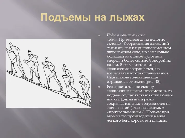 Подъемы на лыжах Подъем попеременным ходом. Применяется на пологих склонах.