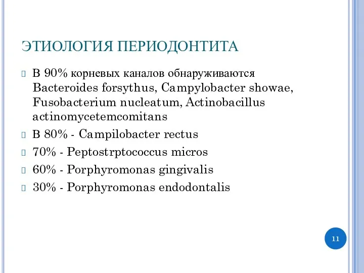 ЭТИОЛОГИЯ ПЕРИОДОНТИТА В 90% корневых каналов обнаруживаются Bacteroides forsythus, Campylobacter