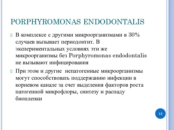 PORPHYROMONAS ENDODONTALIS В комплексе с другими микроорганизмами в 30% случаев