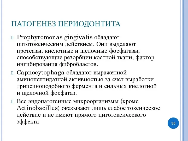 ПАТОГЕНЕЗ ПЕРИОДОНТИТА Prophyromonas gingivalis обладают цитотоксическим действием. Они выделяют протеазы,